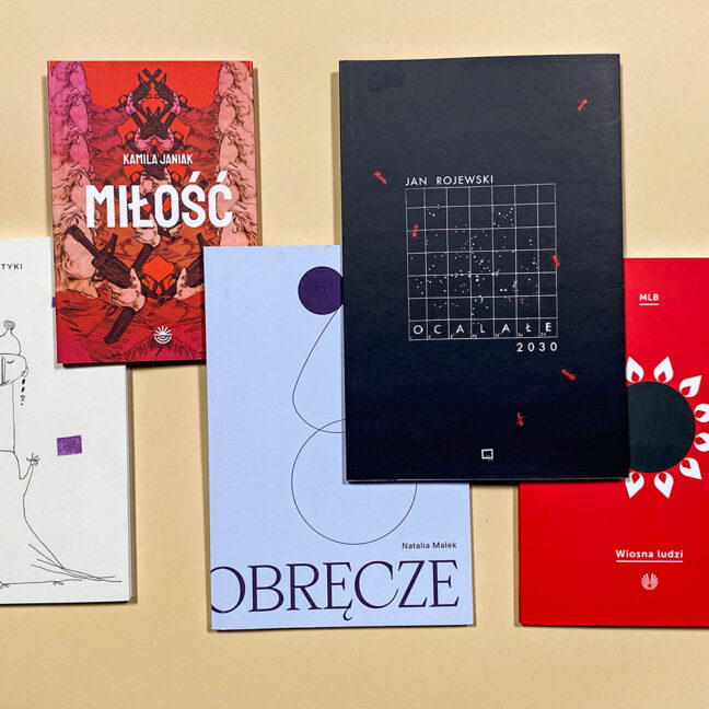 Okładki pięciu książek nominowanych do Wrocławskiej Nagrody Poetyckiej Silesius 2023 w kategorii Książka roku
